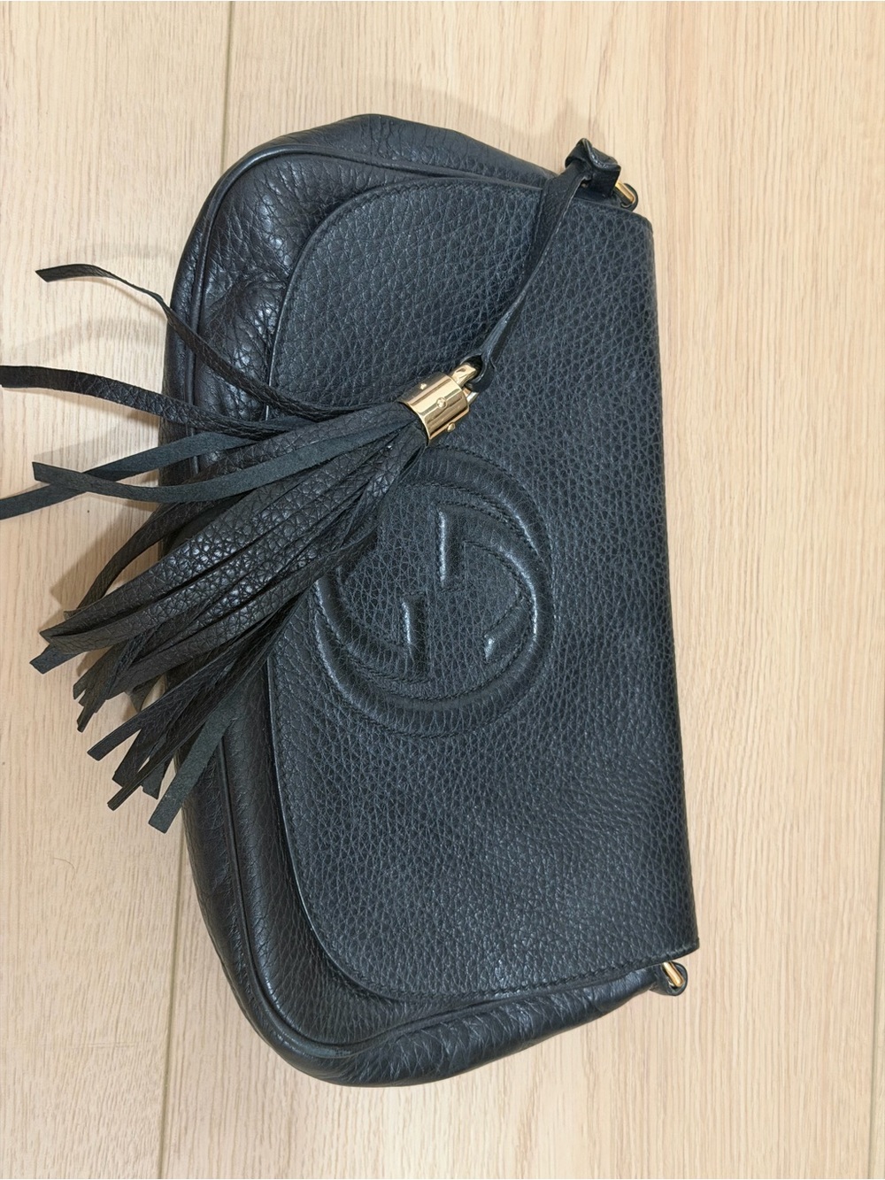 Gucci Black Pebbled Leather Tassel Crossbody Bag